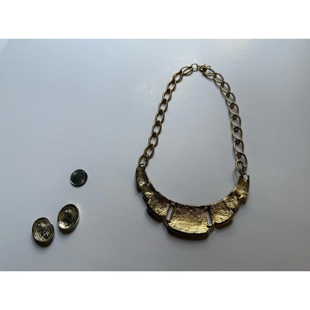 Vintage 80s Statement Tie Dye Necklace And Matching Earrings‎ Gold Tone Rainbow